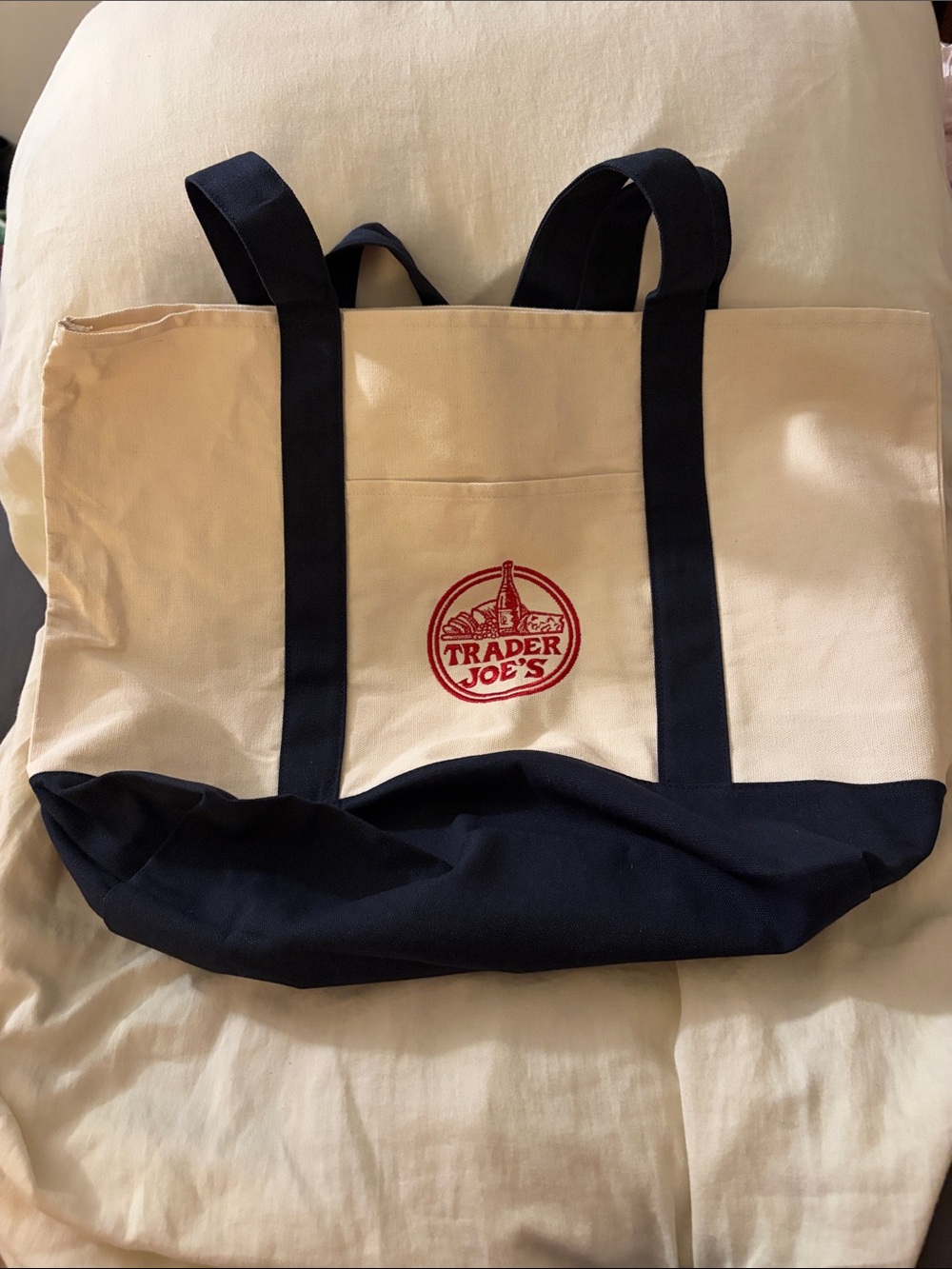 Trader Joe's Beige and Black Canvas Tote with Logo - Picture 1 of 1